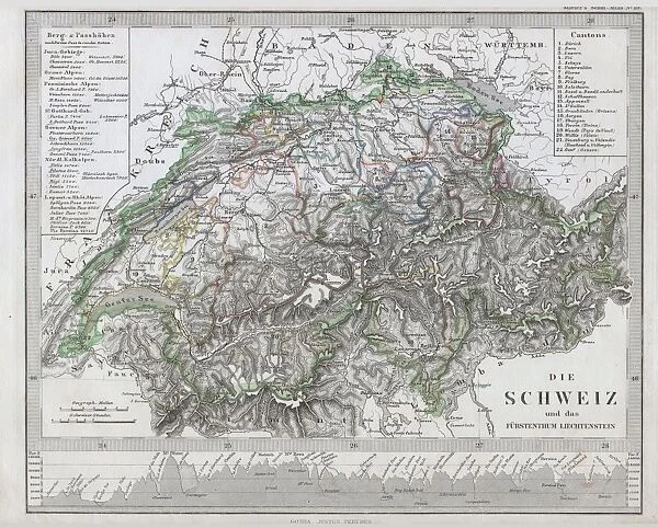1862, Stieler Map of Switzerland, topography, cartography, geography, land, illustration