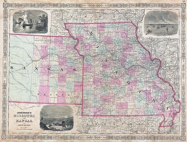 1874, Johnson Map of Missouri and Kansas, topography, cartography, geography, land
