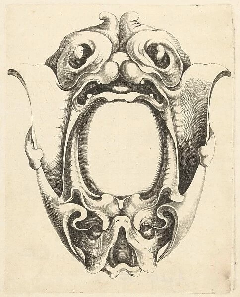 Cartouche with top and bottom of a mask, Jacob Lutma, Johannes Lutma (I), Frederik de Wit