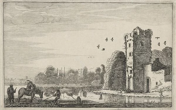 Figures on a ferry near a ruin, print maker: Jan van de Velde II, 1616
