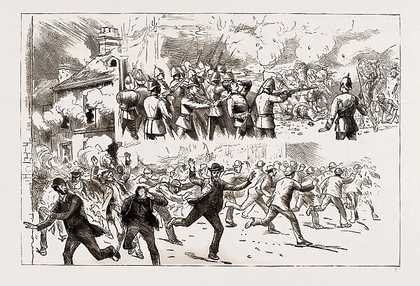Rioting in Belfast, a Street Corner, 1886; Burning of M closkeys Public