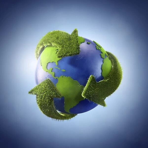 3D Rendering of planet Earth surrounded by the recycle symbol