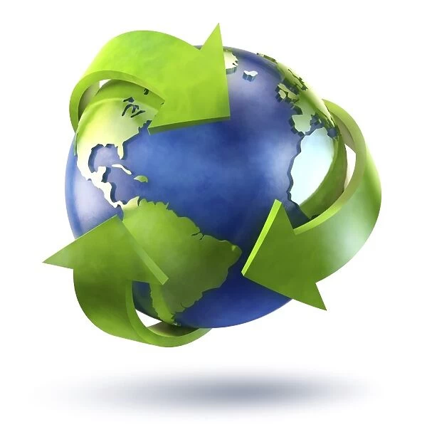 3D Rendering of planet Earth surrounded by the recycle symbol