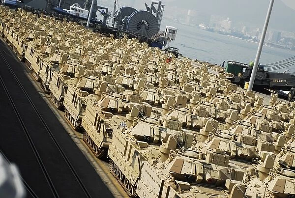 An abundance of Bradley Fighting Vehicles at Pier 8, Busan, South Korea
