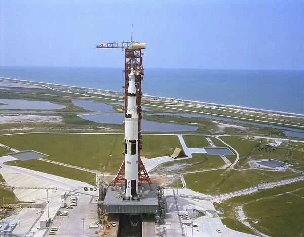 An aerial view of the Apollo 15 spacecraft on its launch pad