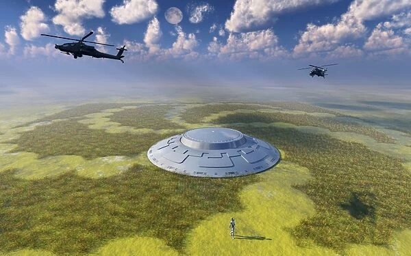 AH-64 Apache Black Ops helicopters flying around a crop circle with UFO at center