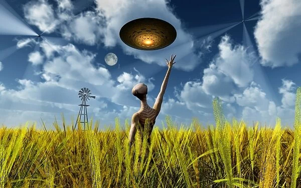 An alien being directing its spacecraft to make crop circles