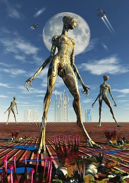 Alien reptoid beings wearing organic metallic suits