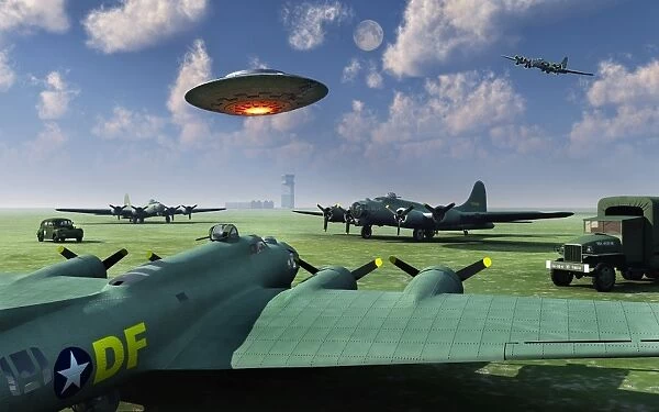 An alien UFO flying low over an American airbase