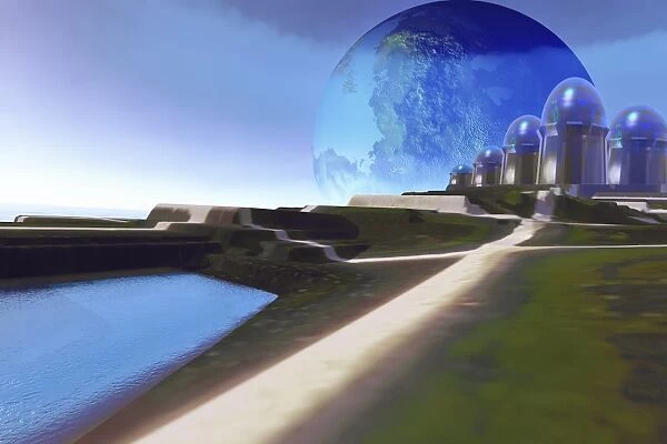An alien world with strange architecture and a beautiful planet in its sky