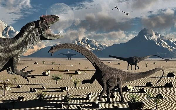 An Allosaurus confronts a small group of Diplodocus dinosaurs