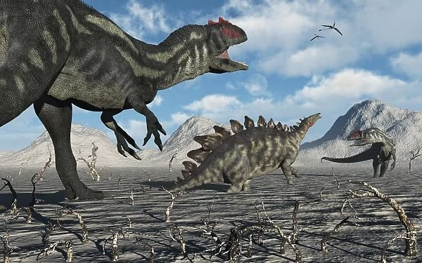 Allosaurus dinosaurs moving in to kill a Stegosaurus trapped in a mud pit