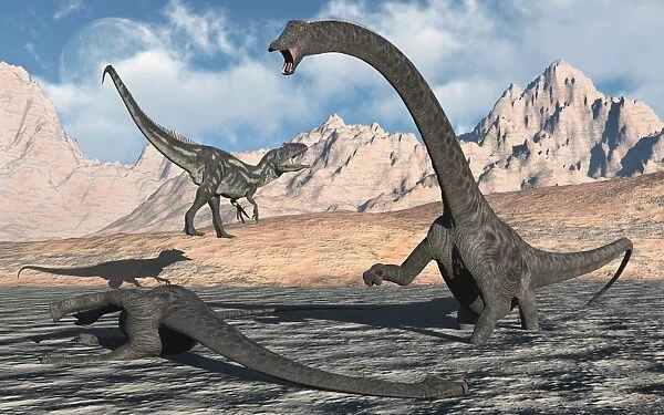 An Allosaurus waits for its chance to attack a Diplodocus trapped in a mud pit