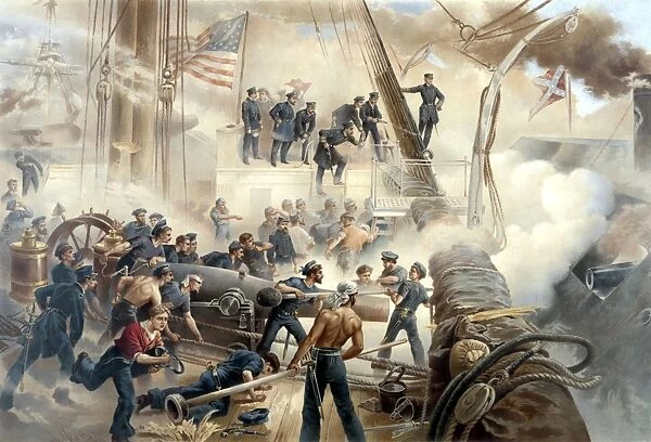 American Civil War print showing a battle between Union and Confederate ships