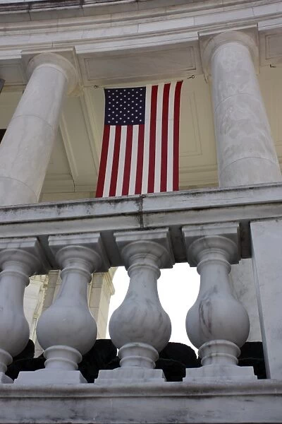 American Flags hang in the Amphitheatre at Arlington National Cemetery, Virginia