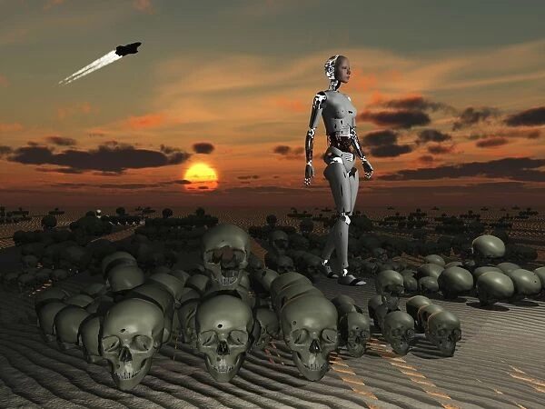 An android walks amongst a pile of skulls on the planet Earth
