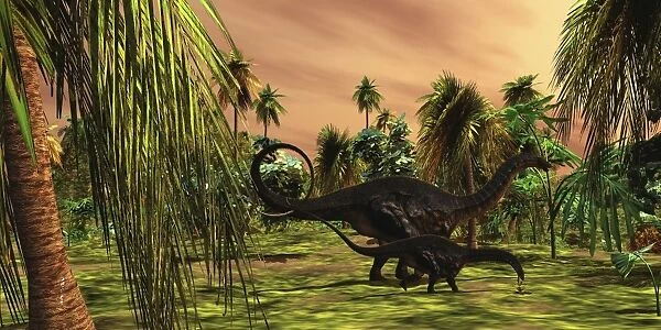 An Apatosaurus mother escorts her hatchling baby