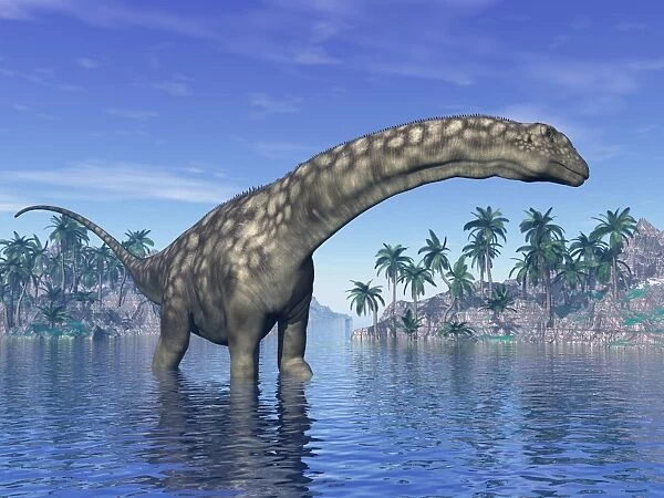 Argentinosaurus dinosaur grazing in a tropical climate