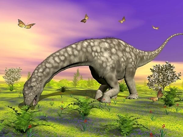 Argentinosaurus eating plants while surrounded by butterflies and flowers