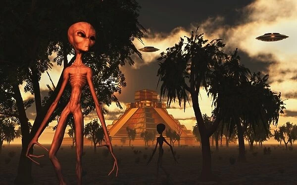 Artists concept of aliens helping the Mayans build complex buildings