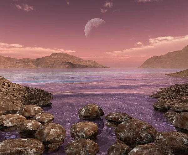 Artists concept of Archean stromatolites on the shore of an ancient sea