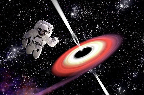 Artists concept of an astronaut falling towards a black hole in outer space
