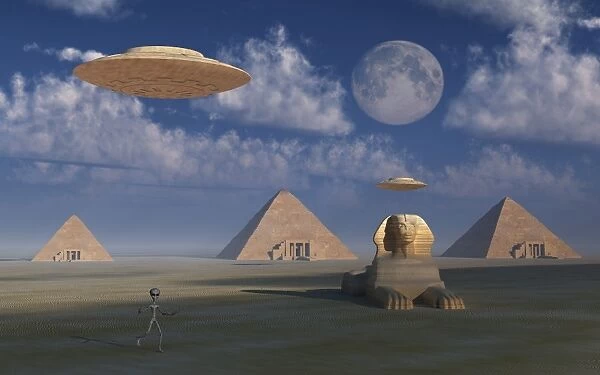 Artists concept of Grey aliens helping the Egyptians build the pyramids
