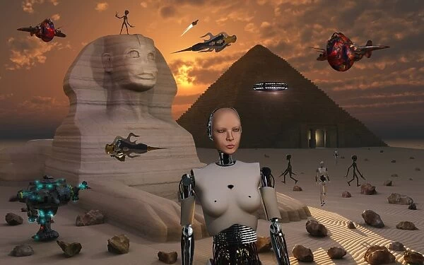 Artists concept of the pyramids and sphinx being built by an advanced alien race