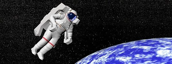 Astronaut floating in outer space above planet Earth