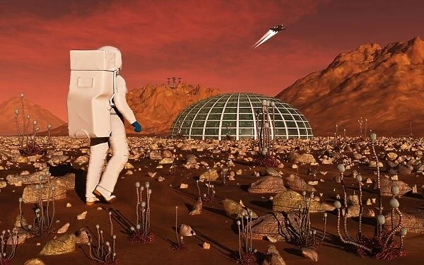 Astronaut walking across the surface of Mars towards a habitat dome