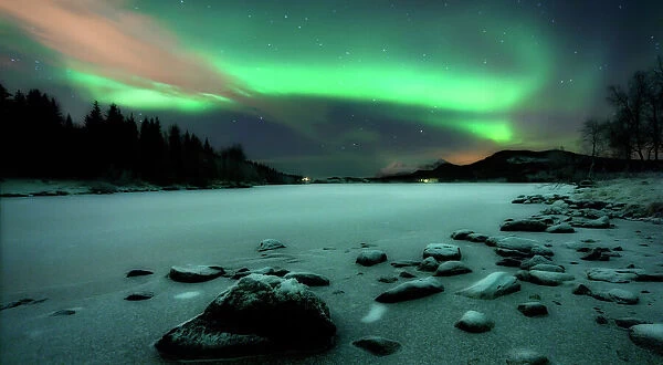 Aurora Borealis over Sandvannet Lake in Troms County, Norway