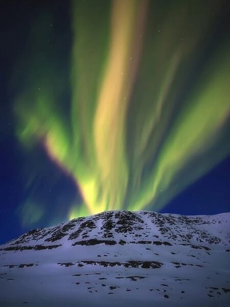 Aurora Borealis over Toviktinden Mountain in Troms County, Norway
