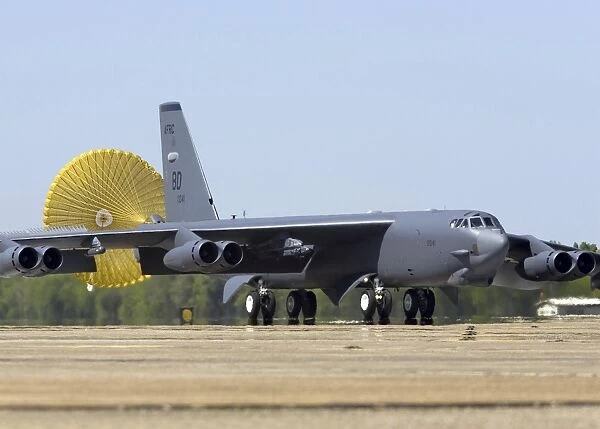 A B-52 Stratofortress deploys its drag chute