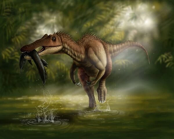 A Baryonyx dinosaur catches a fish out of water