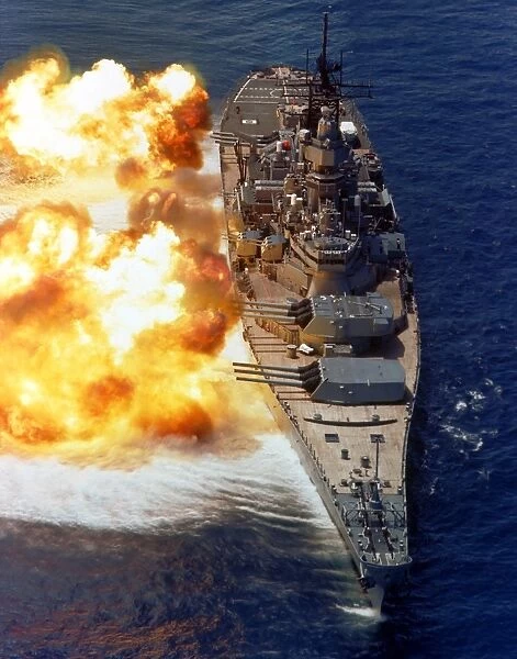 Battleship USS Iowa firing its Mark 7 16-inch  /  50-caliber guns