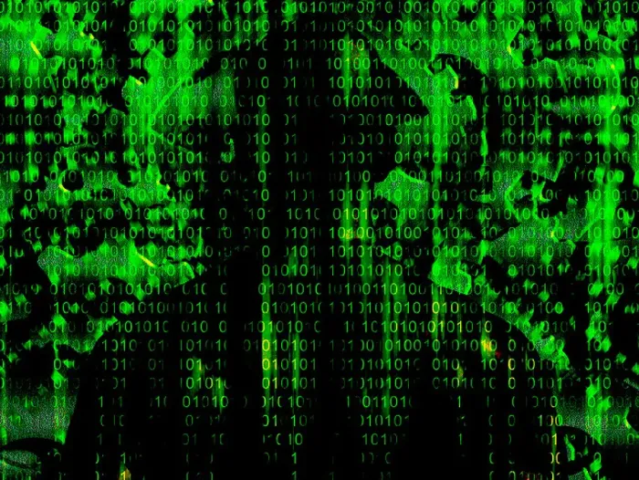 Framed Print : Binary code streaming with gears Framed Print : Binary code streaming with gears