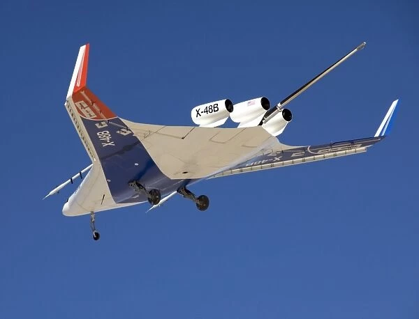 The Blended Wing Body X-48B soars through the sky