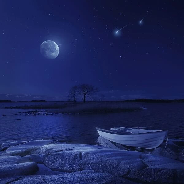 A boat moored near an icy stone in a lake against starry sky, Finland
