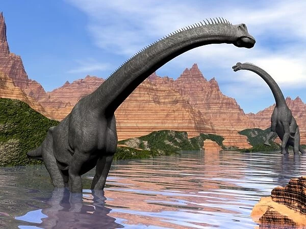 Two Brachiosaurus dinosaurs in water next to red rock mountains