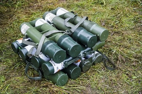 British Army 81mm mortar rounds in their containers stacked