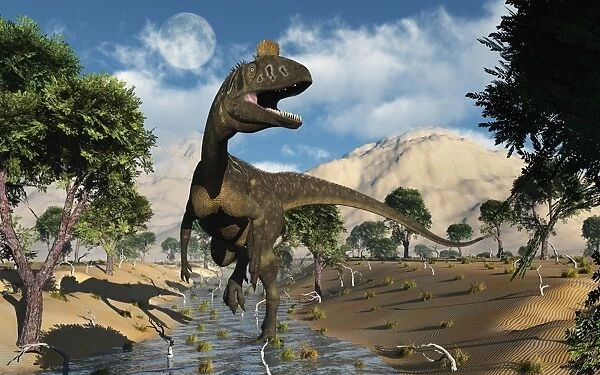 A carnivorous Cryolophosaurus dinosaur walking along a stream