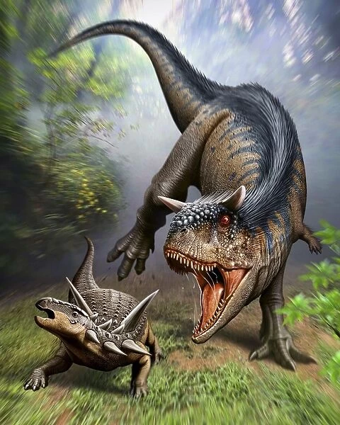Carnotaurus attacking an Antarctopelta armored dinosaur