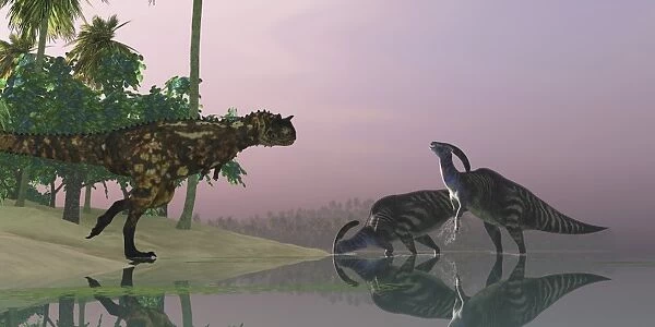 A Carnotaurus dinosaur attacks two Parasaurolophus dinosaurs