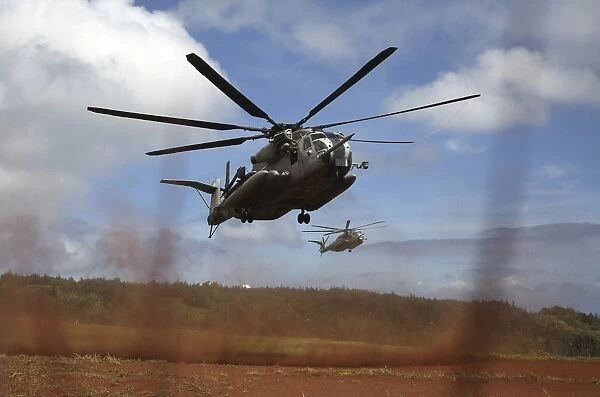 A CH-53E Super Stallion helicopter lands at the Kahuku Training Area, Hawaii