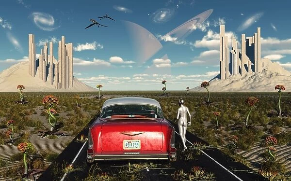 A Chevrolet car on a highway to nowhere on an alien world