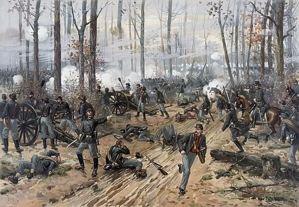 Civil War painting of Union and Confederate troops at The Battle of Shiloh