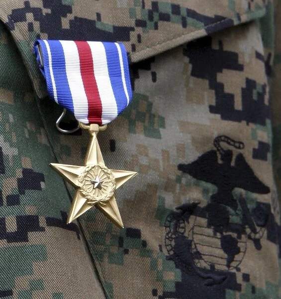 Close-up of a medal on the uniform of a soldier