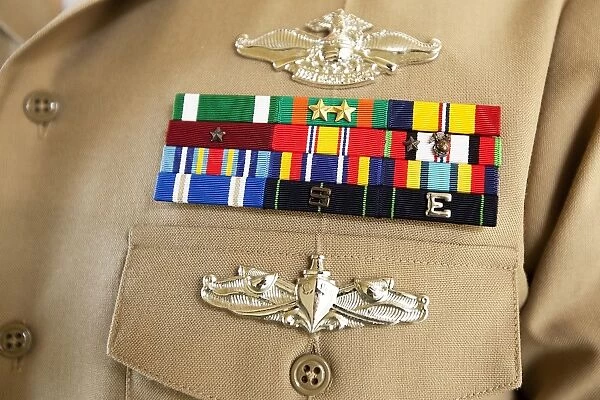Close-up view of military decorations and honors on the uniform of a Petty Officer