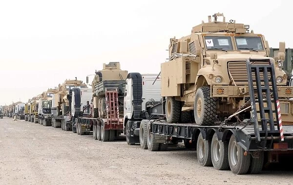 A convoy of Mine-Resistant Ambush Protected vehicles ready for departure