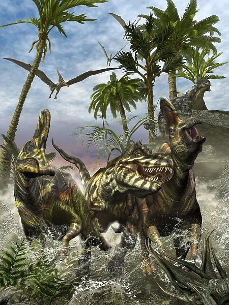 Corythosaurus being chased by a Tyrannosaurus Rex